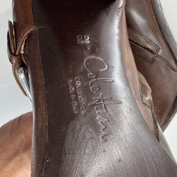 Cole Haan Size 8 Brown Leather Ankle Boots High Block Heel Buckle Bootie - Picture 9 of 10